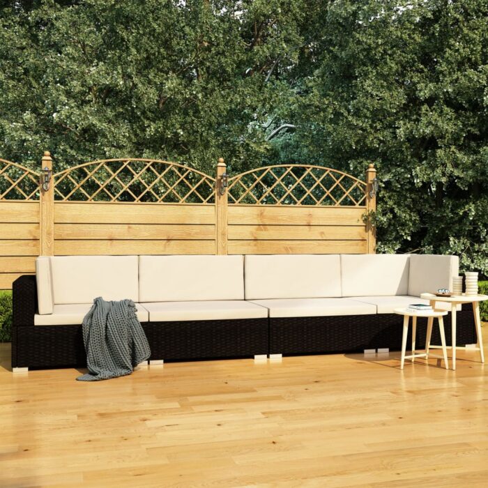 Salon de jardin 4 pcs avec coussins résine tressée noir – Image 1