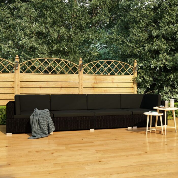 Salon de jardin 4 pcs avec coussins résine tressée noir – Image 1