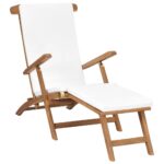 Chaise longue avec coussin Blanc crème Bois de teck solide