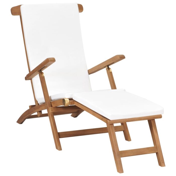Chaise longue avec coussin Blanc crème Bois de teck solide – Image 1