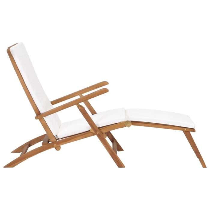 Chaise longue avec coussin Blanc crème Bois de teck solide – Image 2