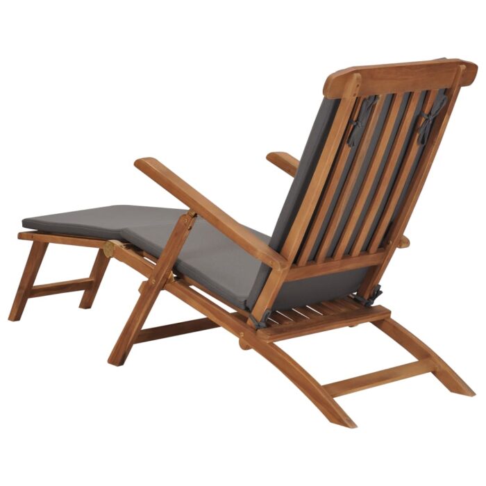 Chaise longue avec coussin Gris foncé Bois de teck solide – Image 4