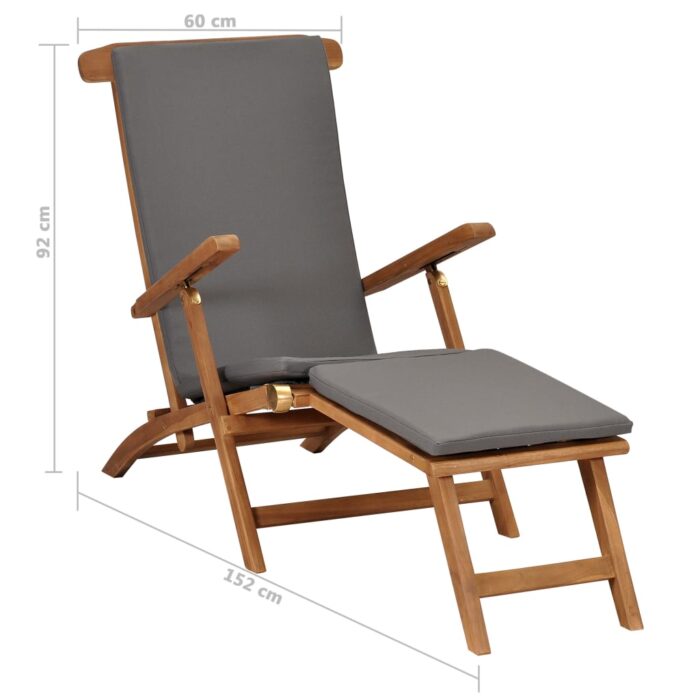 Chaise longue avec coussin Gris foncé Bois de teck solide – Image 7