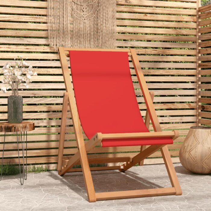 Chaise de plage pliable Bois de teck solide rouge – Image 1