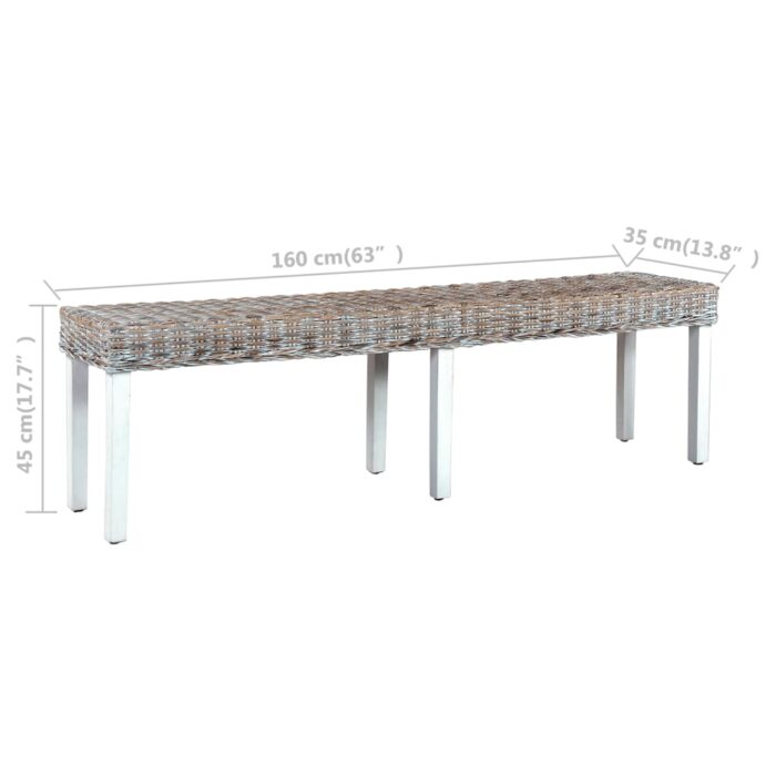 Banc 160 cm Blanc Rotin naturel kubu et bois de manguier massif – Image 5