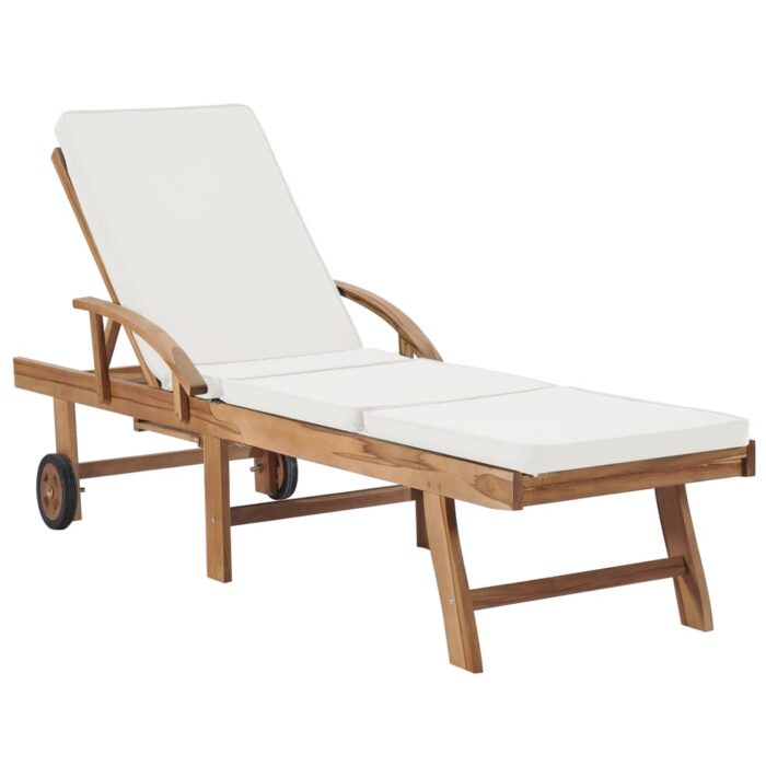 Chaise longue avec coussin Bois de teck solide Crème – Image 1