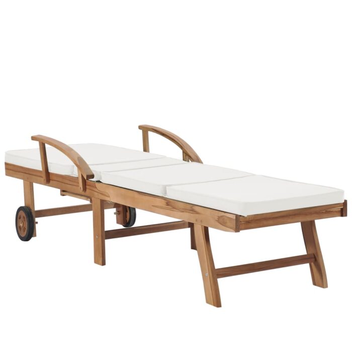 Chaise longue avec coussin Bois de teck solide Crème – Image 4