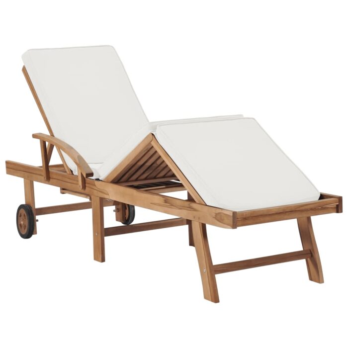 Chaise longue avec coussin Bois de teck solide Crème – Image 5