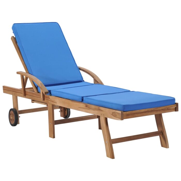 Chaise longue avec coussin Bois de teck solide Bleu – Image 1