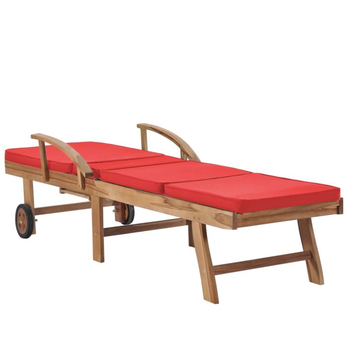 Chaise longue avec coussin Bois de teck solide Rouge – Image 4