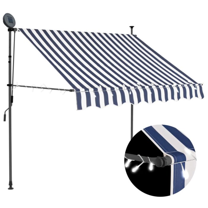 Auvent manuel rétractable avec LED 150 cm Bleu et blanc – Image 1