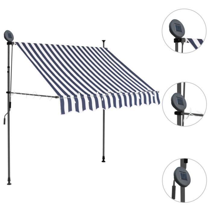 Auvent manuel rétractable avec LED 150 cm Bleu et blanc – Image 2