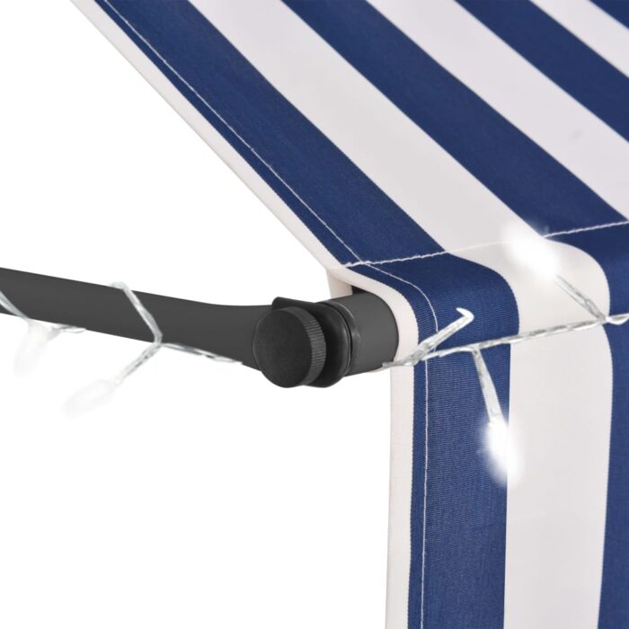 Auvent manuel rétractable avec LED 150 cm Bleu et blanc – Image 3