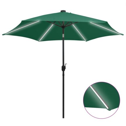 Parasol de jardin avec lumières LED et mât en aluminium vert
