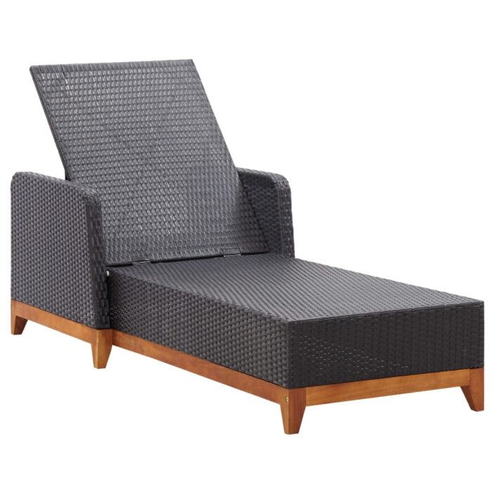 Chaise longue Résine tressée et bois d'acacia massif Noir – Image 5
