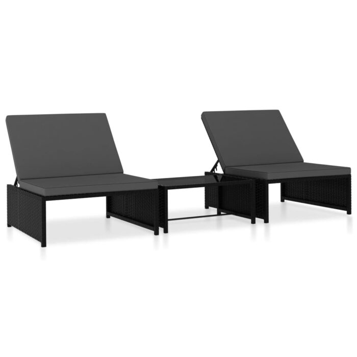Chaises longues 2 pcs avec table Résine tressée Noir – Image 1