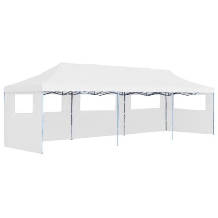 Tente de réception escamotable pliable avec 5 parois 3x9m Blanc