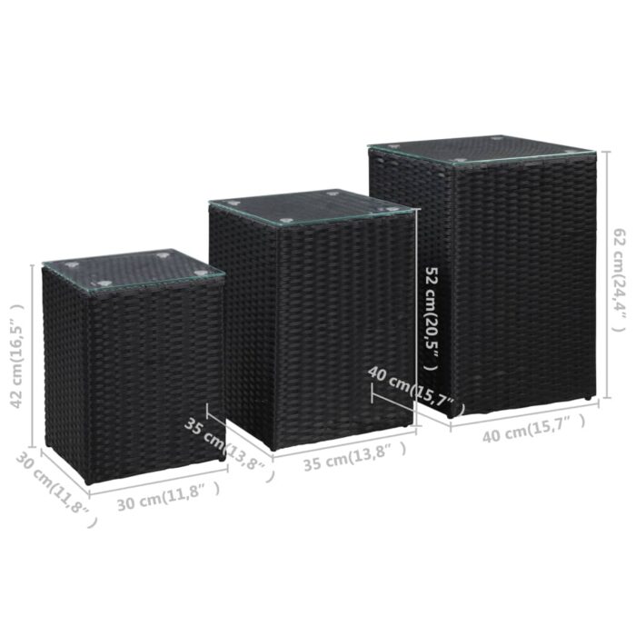 Tables d'appoint 3 pcs et dessus en verre Noir Résine tressée – Image 6