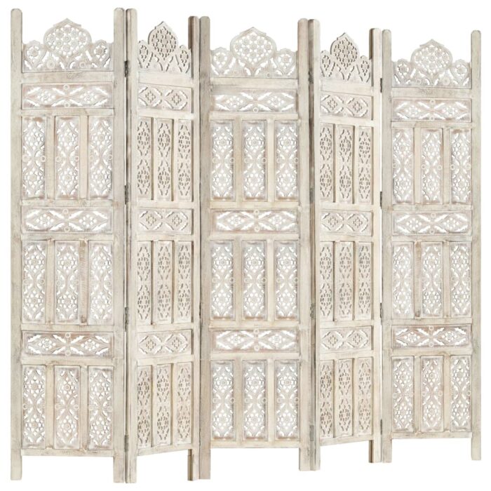 Cloison de séparation 5 panneaux Blanc 200x165 cm Bois manguier – Image 5