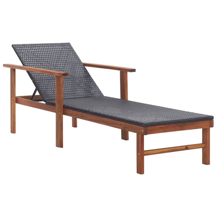 Chaise longue Résine tressée et bois d'acacia massif Noir – Image 1