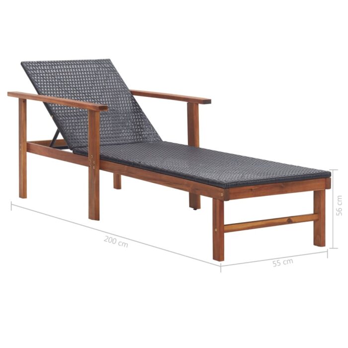 Chaise longue Résine tressée et bois d'acacia massif Noir – Image 8