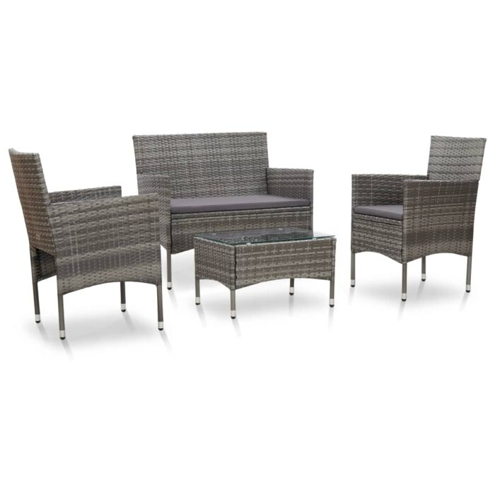 Salon de jardin 4 pcs avec coussins résine tressée gris – Image 1