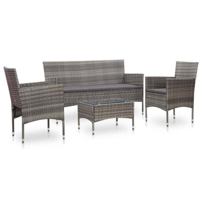 Salon de jardin 4 pcs avec coussins résine tressée gris – Image 1
