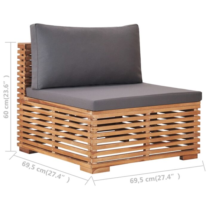 Canapé central de jardin avec coussin gris Bois de teck solide – Image 6
