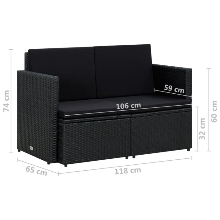 Canapé de jardin à 2 places avec coussins Noir Résine tressée – Image 6