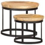Tables d'appoint rondes 2 pcs Bois de manguier solide et acier