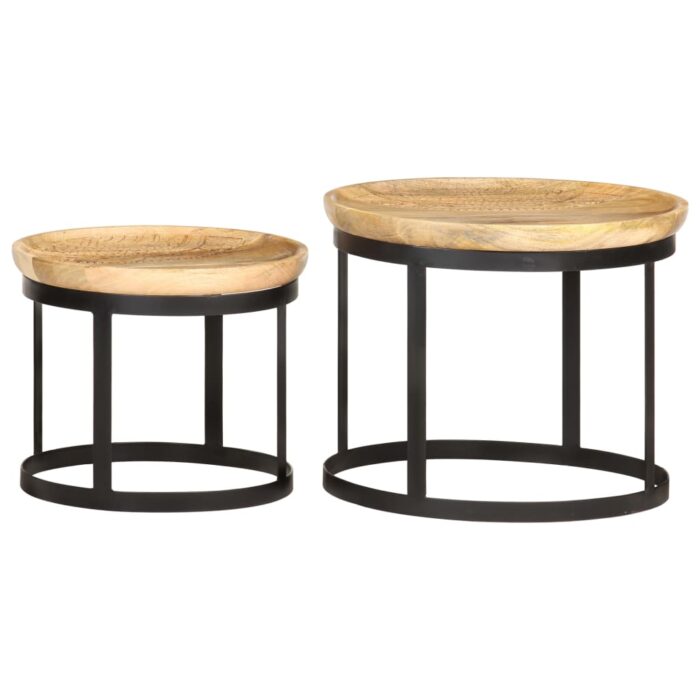 Tables d'appoint rondes 2 pcs Bois de manguier solide et acier – Image 3