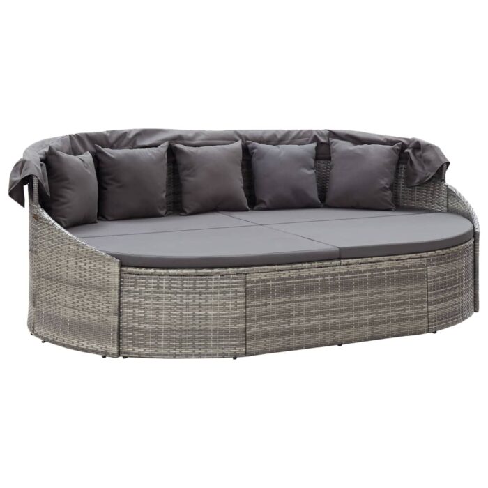 Chaise longue d'extérieur avec auvent Résine tressée Gris – Image 3