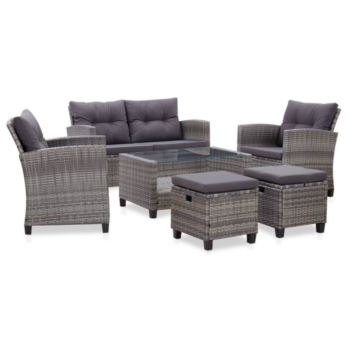 Salon de jardin 6 pcs avec coussins Résine tressée Gris foncé – Image 1