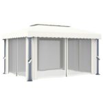 Tonnelle avec rideau 4x3 m Blanc crème Aluminium – Image 3