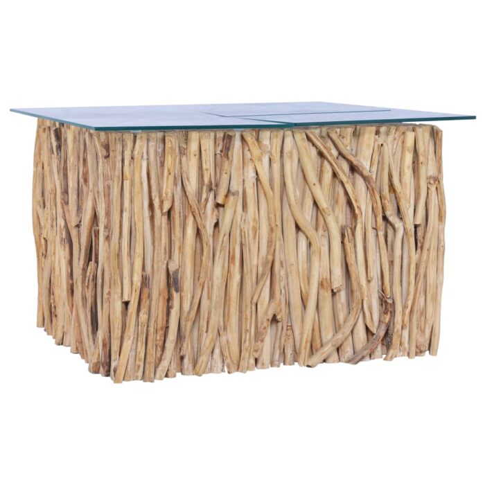 Table basse avec dessus en verre 66x66x40cm Bois de teck massif – Image 1