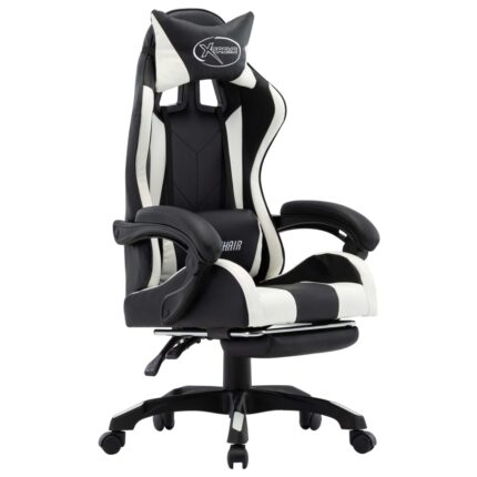 Fauteuil de jeux vidéo et repose-pied Blanc et noir Similicuir