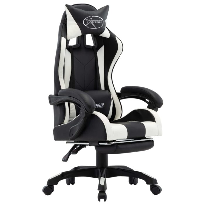Fauteuil de jeux vidéo et repose-pied Blanc et noir Similicuir – Image 1