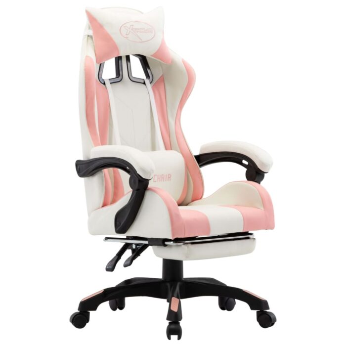 Fauteuil de jeux vidéo et repose-pied Rose et blanc Similicuir – Image 1