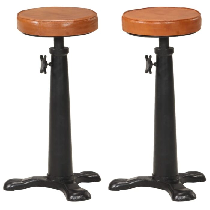 Tabourets de bar lot de 2 marron cuir véritable et fonte – Image 1