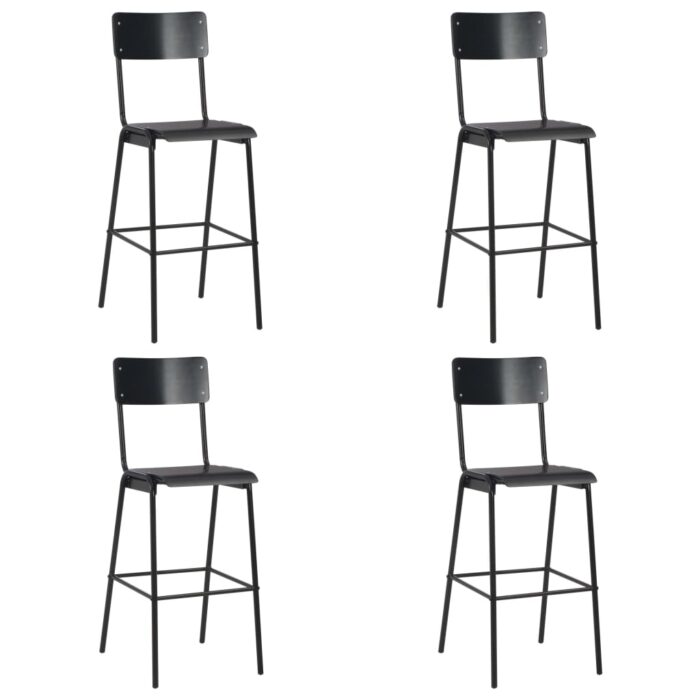 Chaises de bar lot de 4 noir contreplaqué solide et acier – Image 1