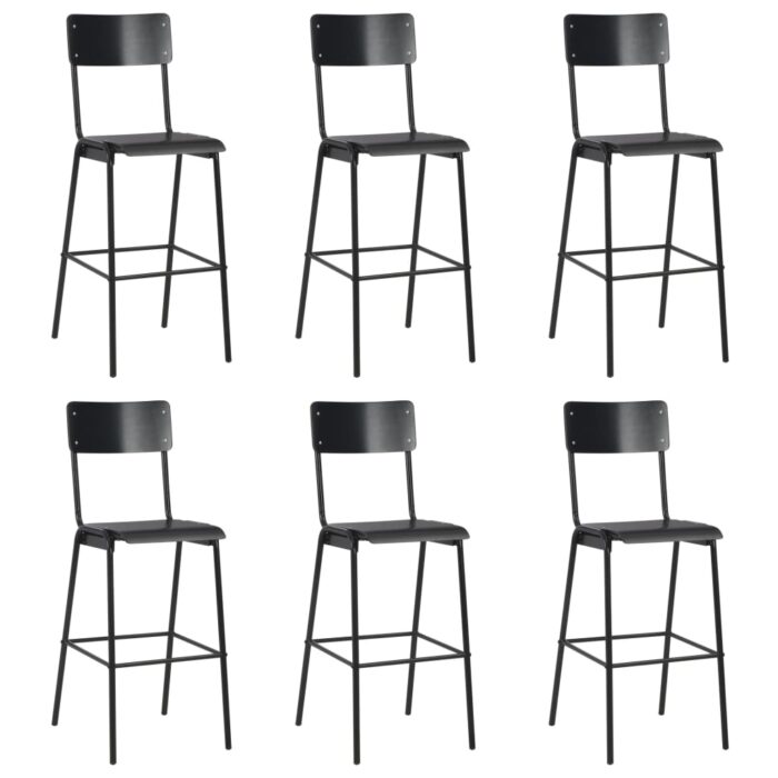 Chaises de bar lot de 6 noir contreplaqué solide et acier – Image 1