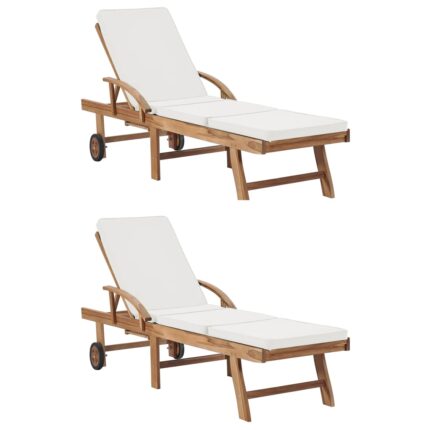 Chaises longues avec coussins 2 pcs Bois de teck solide Crème