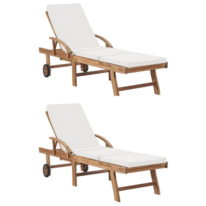 Chaises longues avec coussins 2 pcs Bois de teck solide Crème – Image 1