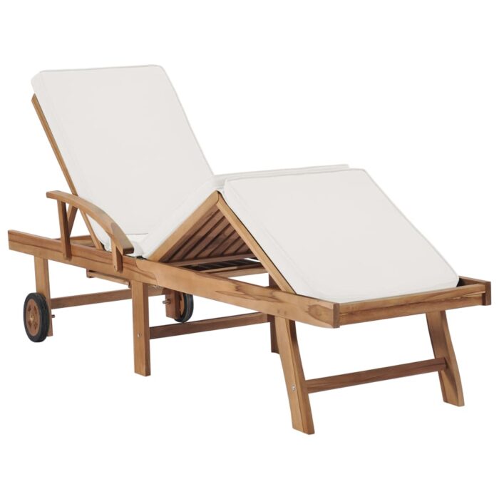 Chaises longues avec coussins 2 pcs Bois de teck solide Crème – Image 6