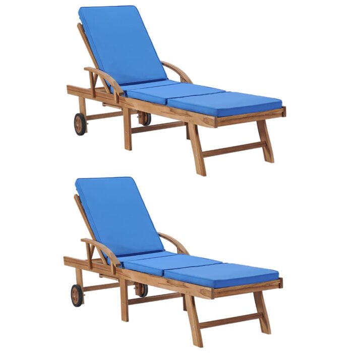 Chaises longues avec coussins 2 pcs Bois de teck solide Bleu – Image 1