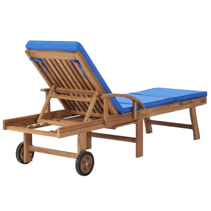 Chaises longues avec coussins 2 pcs Bois de teck solide Bleu – Image 4