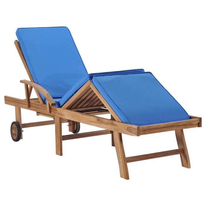 Chaises longues avec coussins 2 pcs Bois de teck solide Bleu – Image 6