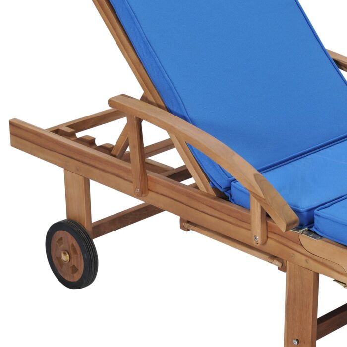 Chaises longues avec coussins 2 pcs Bois de teck solide Bleu – Image 7