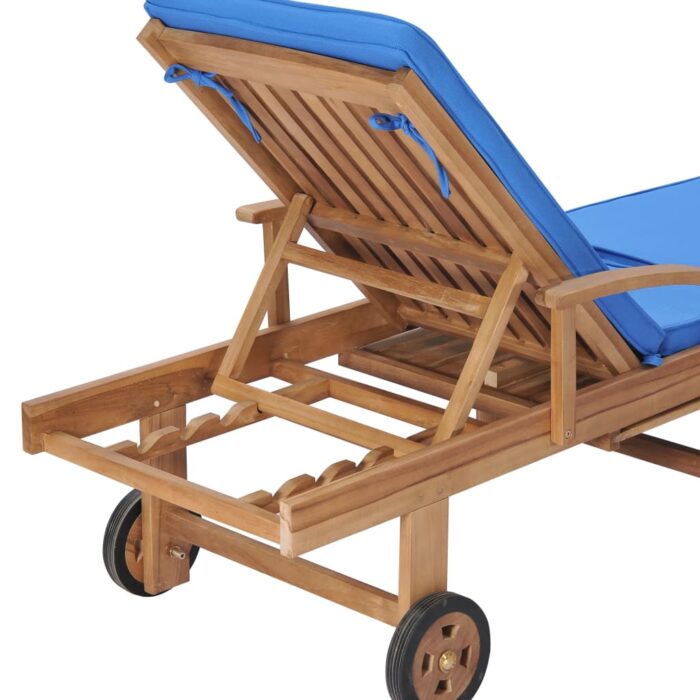 Chaises longues avec coussins 2 pcs Bois de teck solide Bleu – Image 8