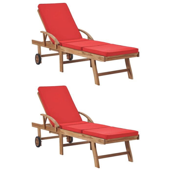 Chaises longues avec coussins 2 pcs Bois de teck solide Rouge – Image 1